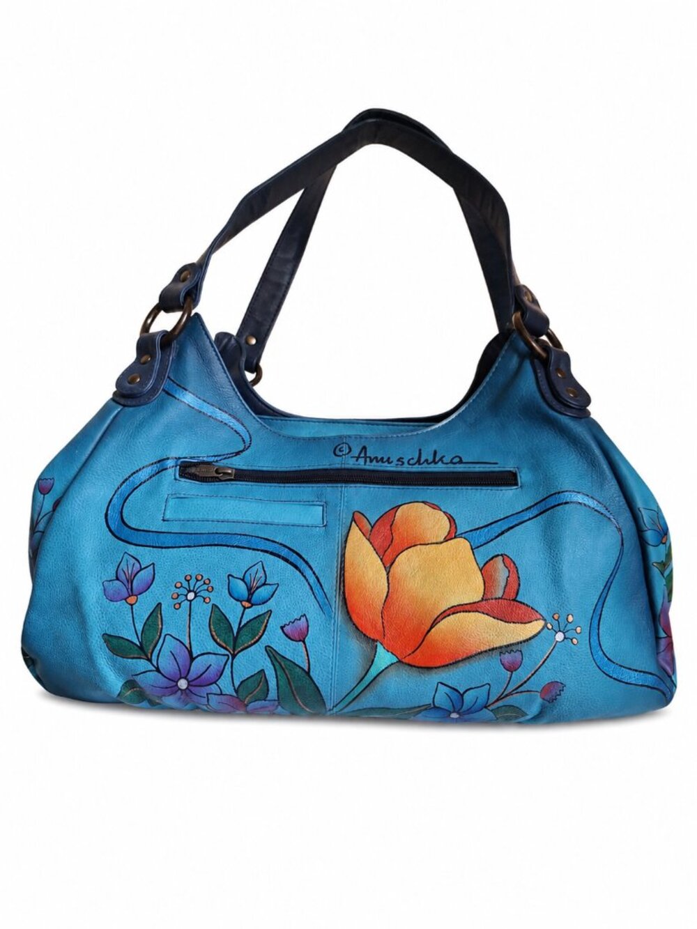 Anuschka Artsy Hand Painted Leather Hobo Floral Butterfly Blue Purse + Pouch - Picture 2 of 10
